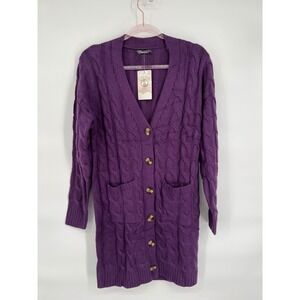 Fashion Cable Knit Cardigan Duster Pockets Button Front Purple Sweater Sz L